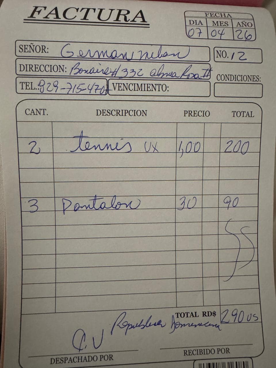 Factura de Germán Milán — Tenis LV + pantalones