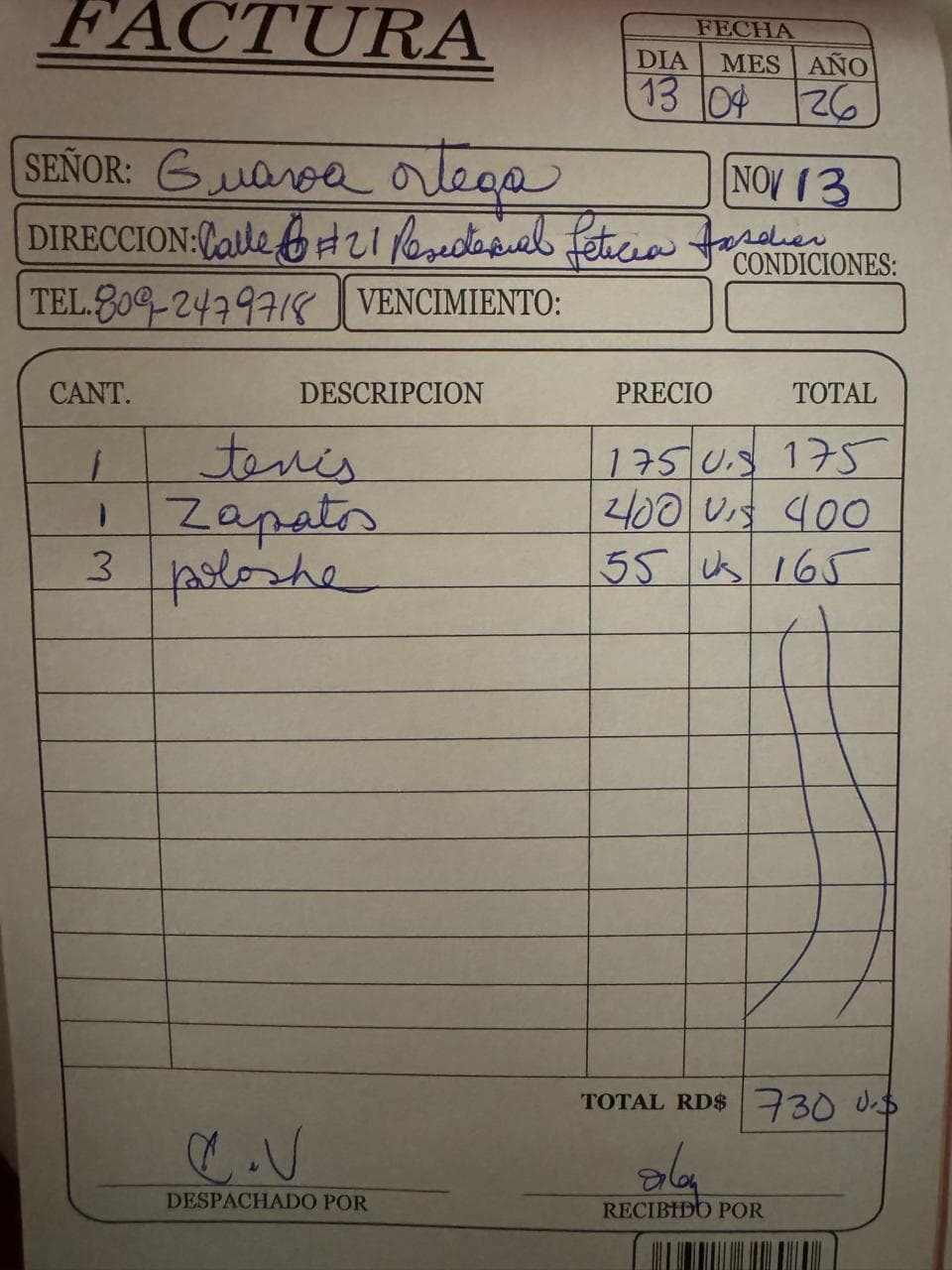 Factura de Guaroa Ortega — Tenis + zapatos + poloshes
