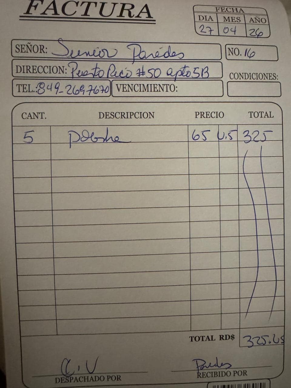 Factura de Junior Paredes — Poloshes