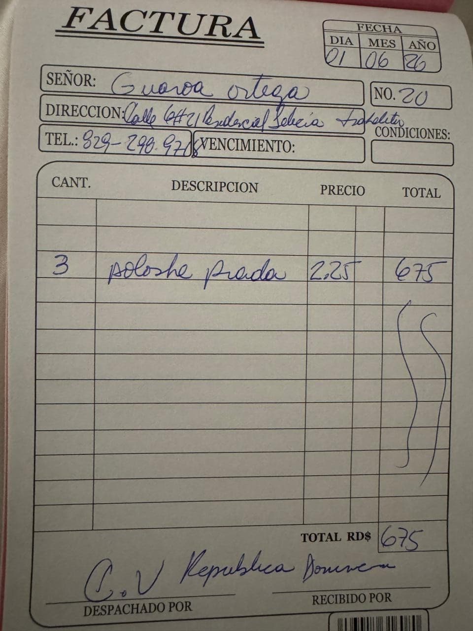 Factura de Guaroa Ortega — Poloshes Prada